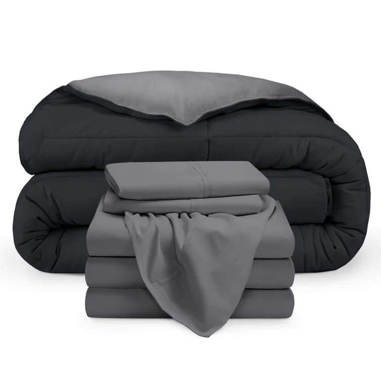Split King Light Gray and Black Microfiber Reversible Bed-in-a-Bag Set
