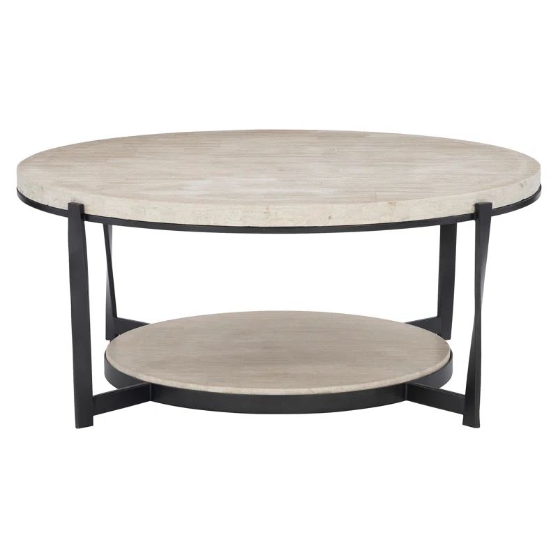 Transitional Beige & Black Round Wood Coffee Table with Storage