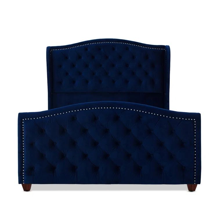 Navy Blue Velvet Tufted Wingback King Bed with Nailhead Trim