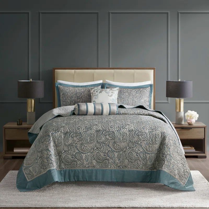 Teal King Reversible Jacquard Bedspread Set with Throw Pillows