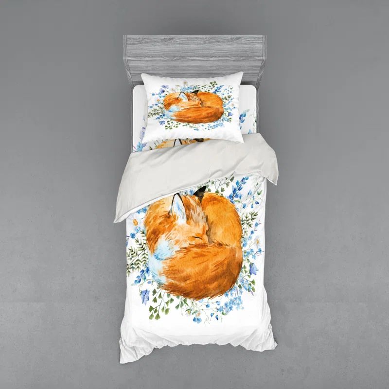 Twin XL Orange and Blue Fox Kids' Duvet Cover Set