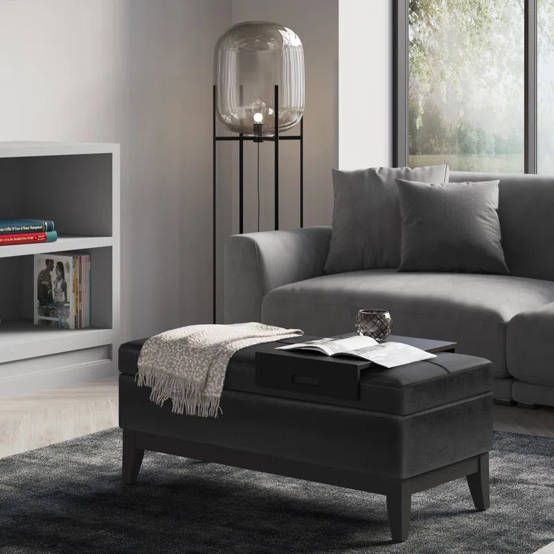 Distressed Black Tufted Footstool Ottoman with Sturdy Tray