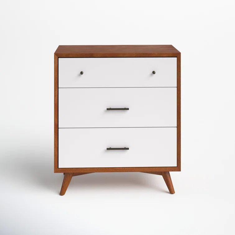 Mid-Century Modern Brown and White 32'' Solid Wood Chest with 3 Drawers