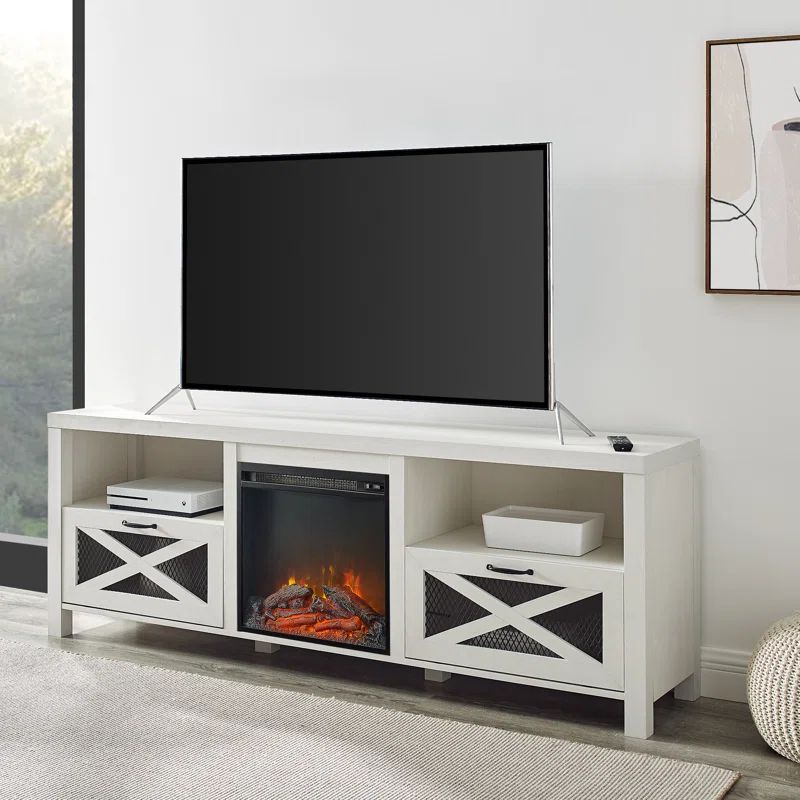 Brushed White 70" TV Stand with Electric Fireplace and Mesh Cabinets