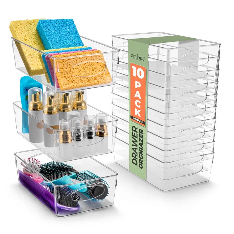 Medium Clear Plastic Storage Bins with Handles, 10 Pack