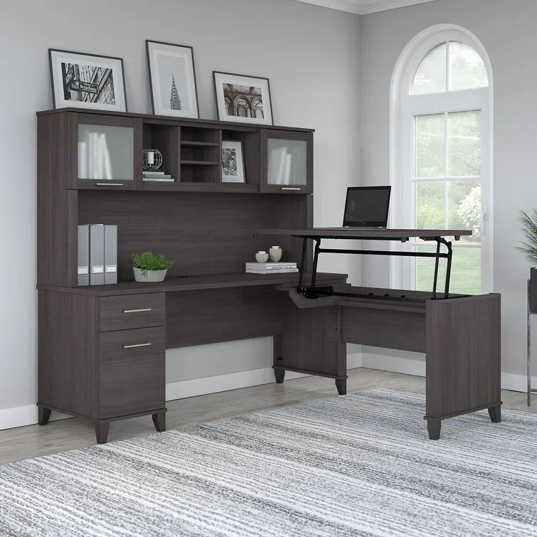 Storm Gray Adjustable Height L-Shaped Desk with Hutch and Filing Cabinet