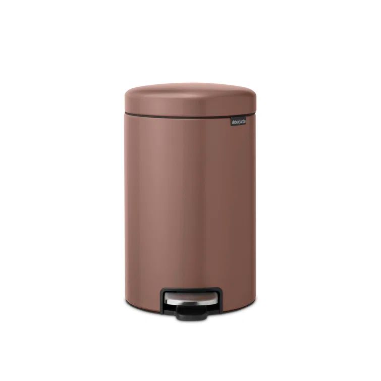 Satin Taupe Polypropylene Round Step-On Trash Can, 3.2 Gallon
