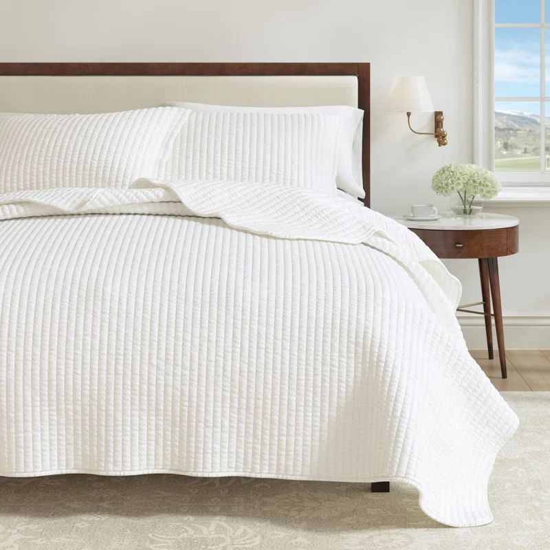 Twin White Microfiber Channel Stitch Quilt Set with Shams