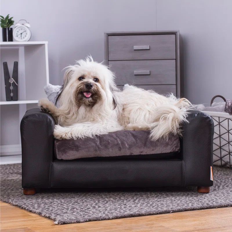 Small Black Leatherette Orthopedic Elevated Pet Sofa