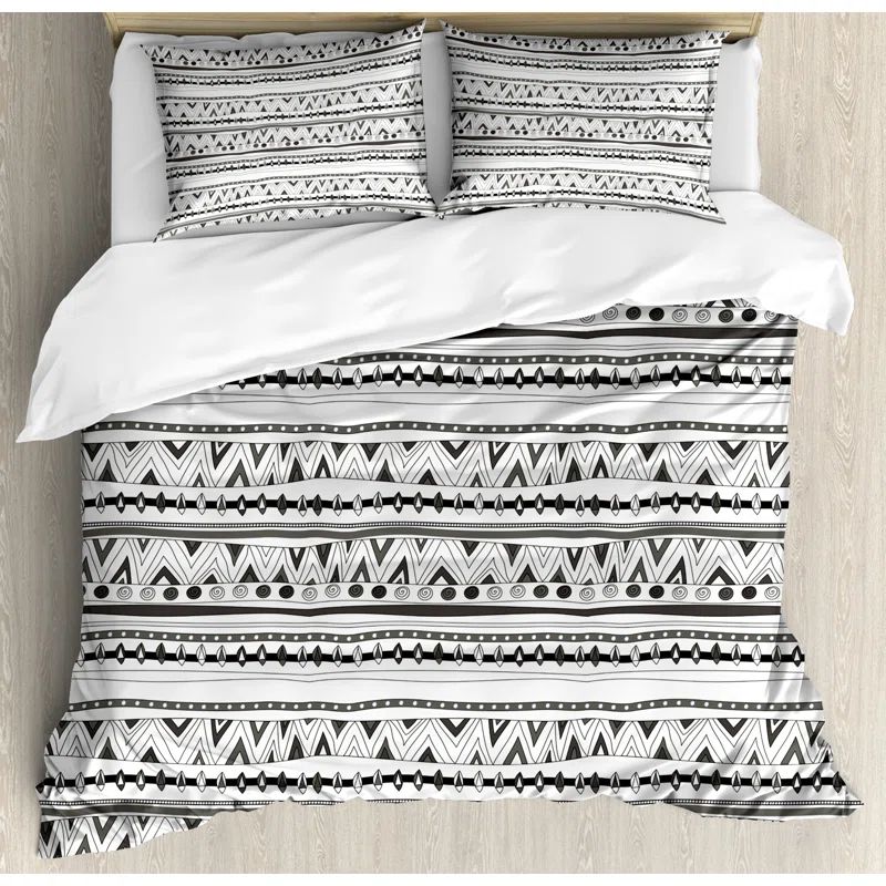 Charcoal Grey and White Tribal Pattern Queen Duvet Set