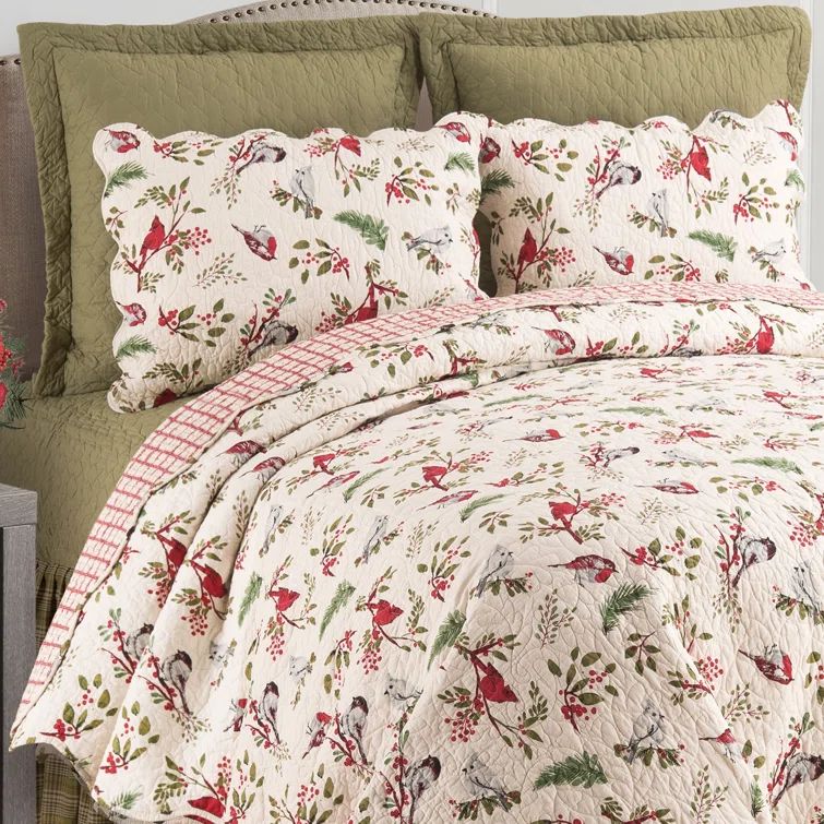 White Cotton Reversible Full Quilt Set with Birds