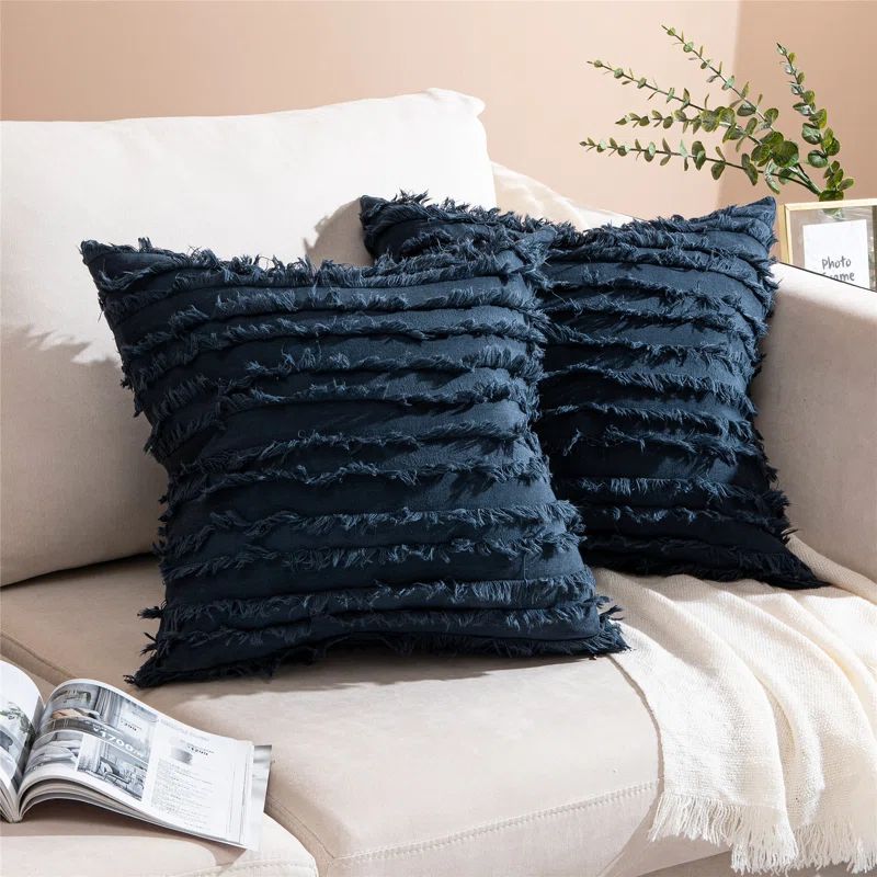 Navy Cotton Polyester Euro Tassel Pillow Covers Set of 2