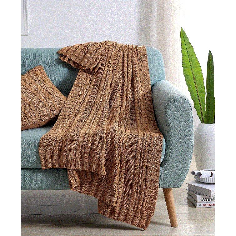 Camel Cable Knit Cotton Throw Blanket, 50" x 70"