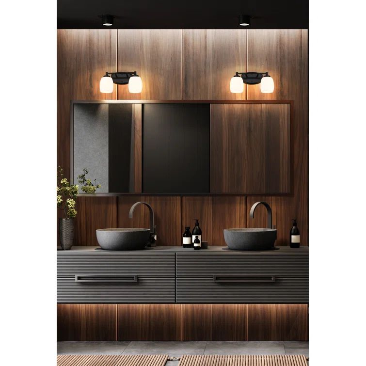 Kendrick 14.5" Matte Black Steel Vanity Light with Opal Glass Shades