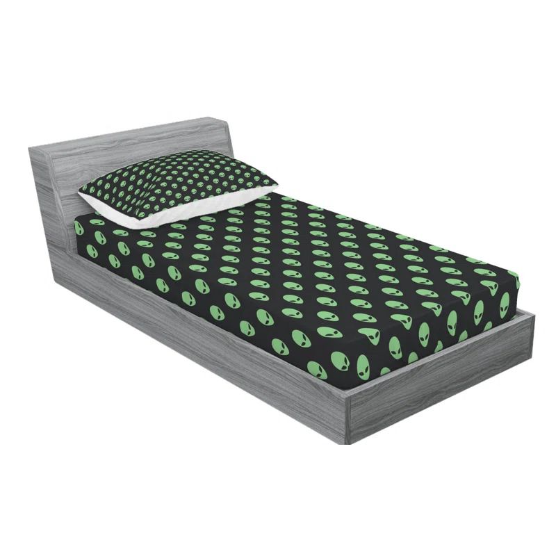 Twin Black and Green Alien Print Microfiber Sheet Set