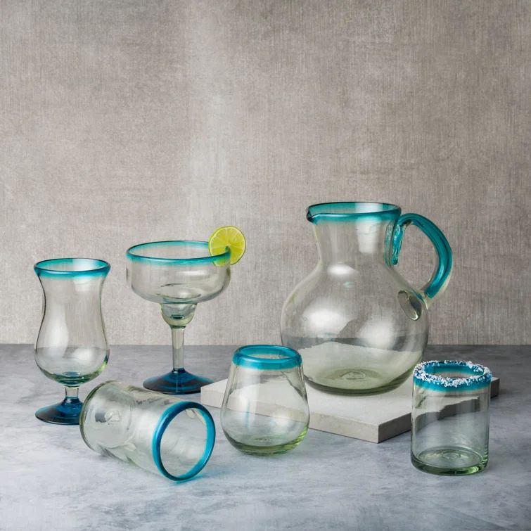 Aqua Rim Handblown Recycled Glass Set of 6