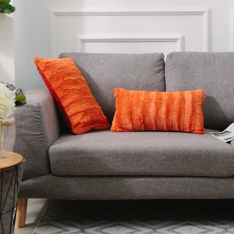Set of 2 Orange Faux Fur Decorative Throw Pillows