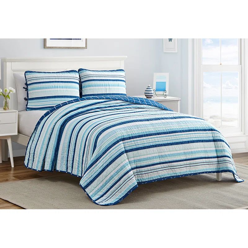 Newport Stripe King Cotton Reversible Quilt Set in Blue