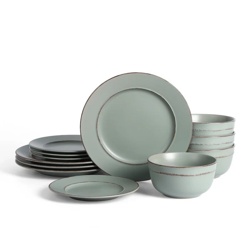 Hazel Light Green and White Ceramic 12-Piece Dinnerware Set