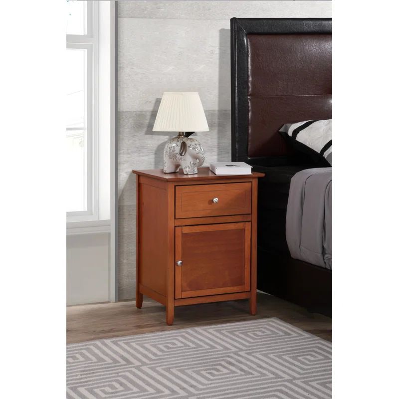 Elegant Oak and Nickel Transitional Nightstand with 1 Drawer