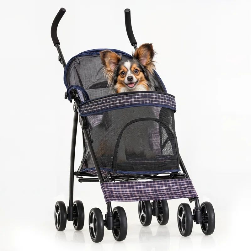 Plaid Steel Frame Foldable Pet Stroller with Rubber Wheels