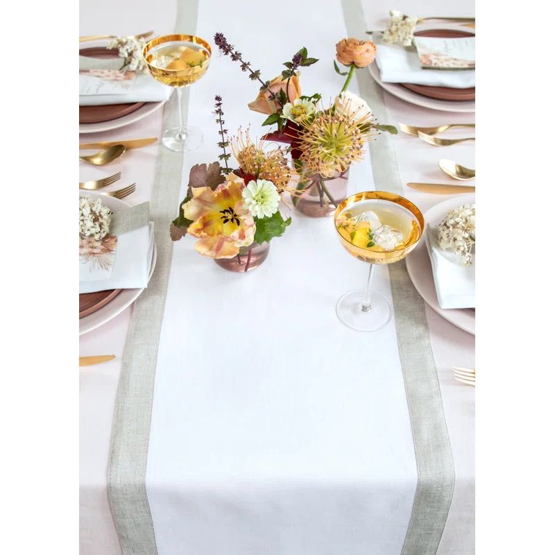 White Linen Table Runner with Natural Shimmer Border, 14 x 90 Inch