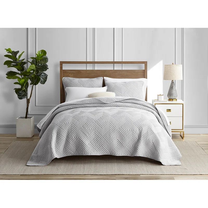 Gray Full Microfiber Reversible Quilt Set with Geometric Stitching