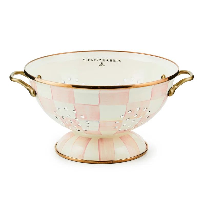 Large Pink and White Enamel Colander with Brass Handles