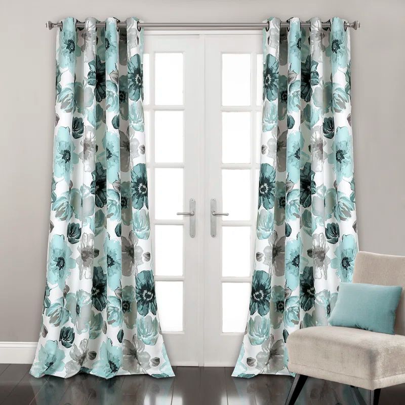 Blue Floral Polyester Blackout Window Panels, 52"W x 95"L