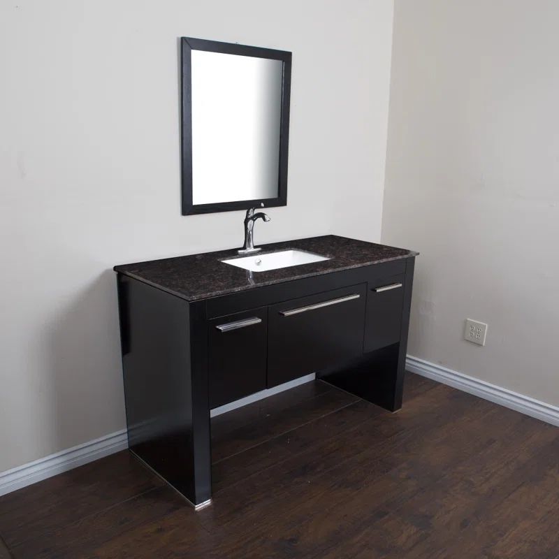Black and Tan Brown Single Bathroom Vanity with Marble Top