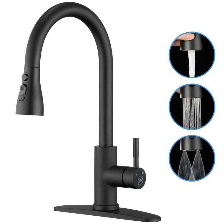 Matte Black Stainless Steel High-Arc Kitchen Faucet with Pull-out Spray