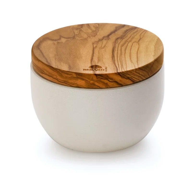 Chalk White Ceramic and Olive Wood Salt Keeper