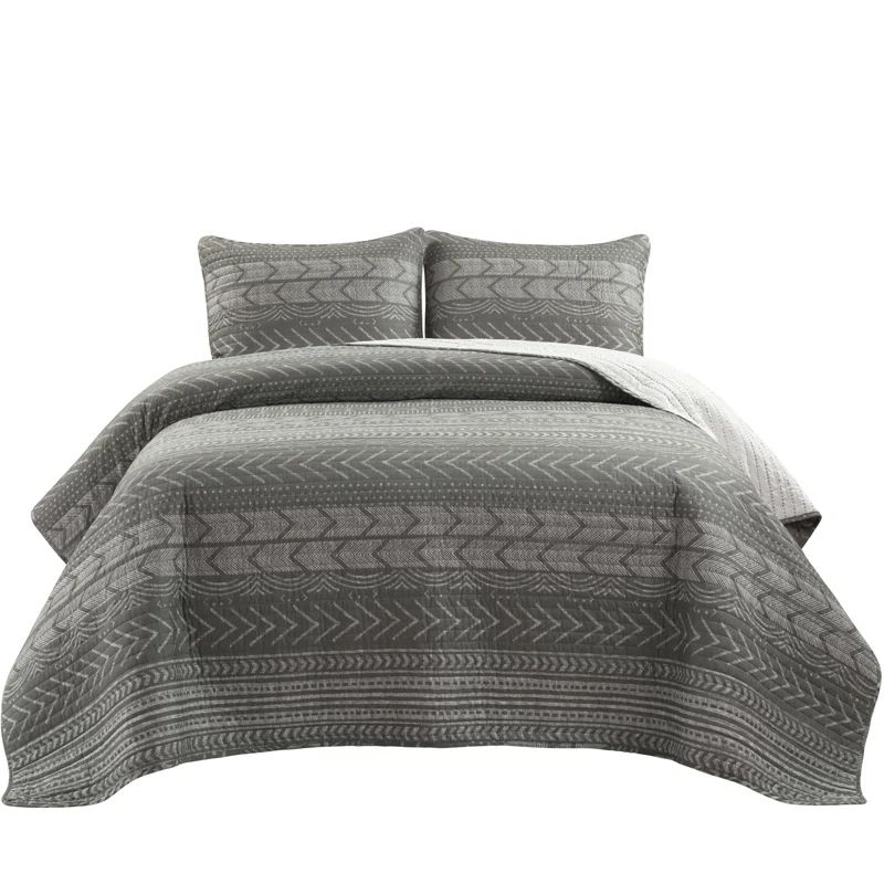 Charcoal Cotton Reversible Full/Queen Quilt Set with Geometric Patterns