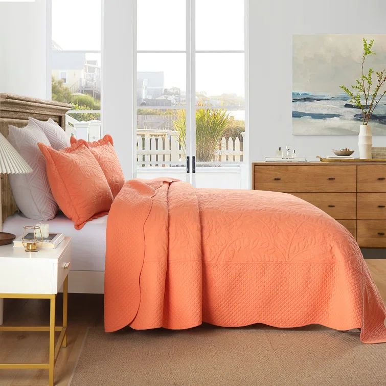 Salmon Cotton Embroidered Queen Size Quilt Bedspread Set