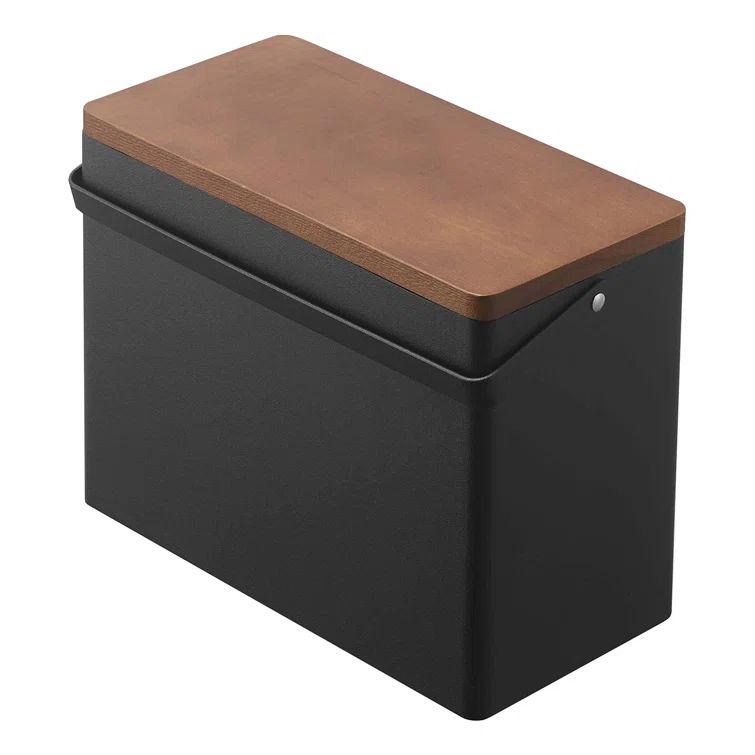 Yamazaki Home Compact Black Steel & Wood Odds-and-Ends Organizer with Lid