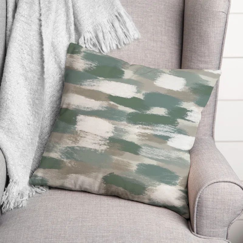 Green and Beige Brushstroke Pattern Square Indoor/Outdoor Pillow