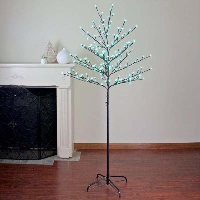 6' Green LED Pre-Lit Artificial Cherry Blossom Tree with Black Stand