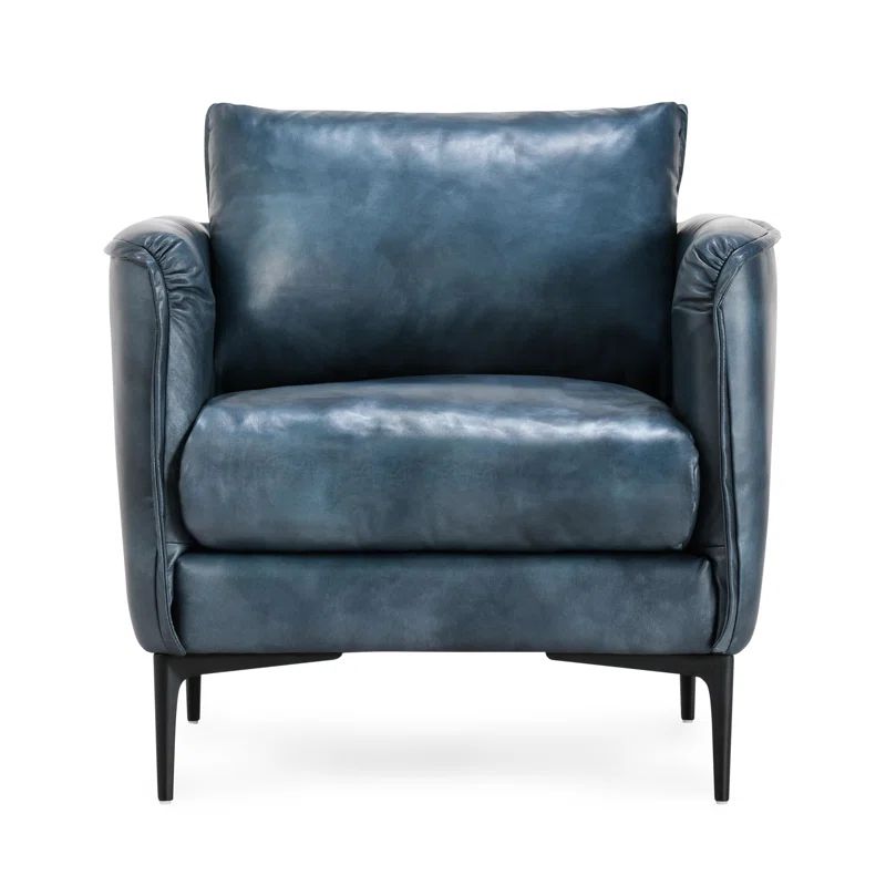 Ocean Blue Leather Armchair with Black Iron Legs