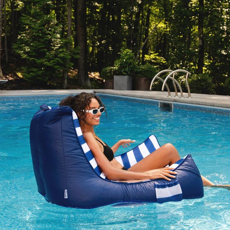 Nautical Stripe Blue and White Pool Lounger with Quick Draining Fabric