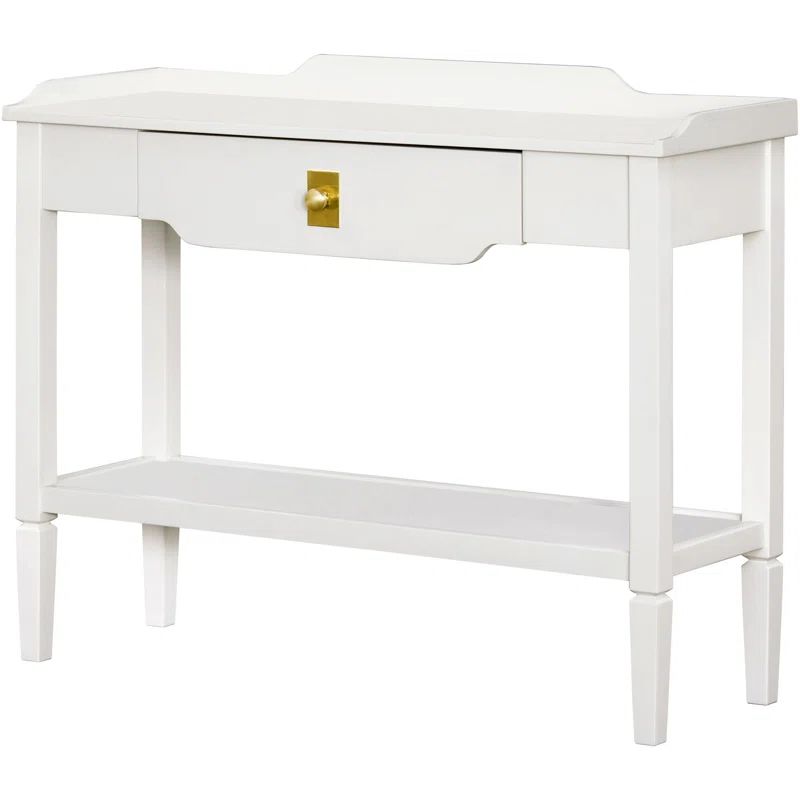 White Wood Console Table with Brass Hardware and Storage