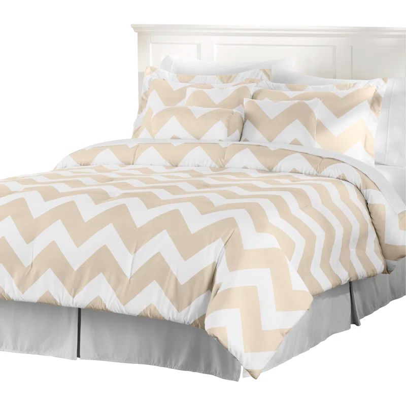 King Taupe and White Chevron Microfiber Comforter Set