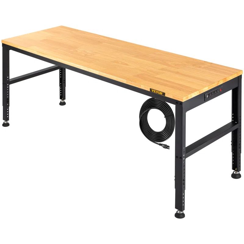 Adjustable Height Black Metal and Oak Workbench with Power Outlets