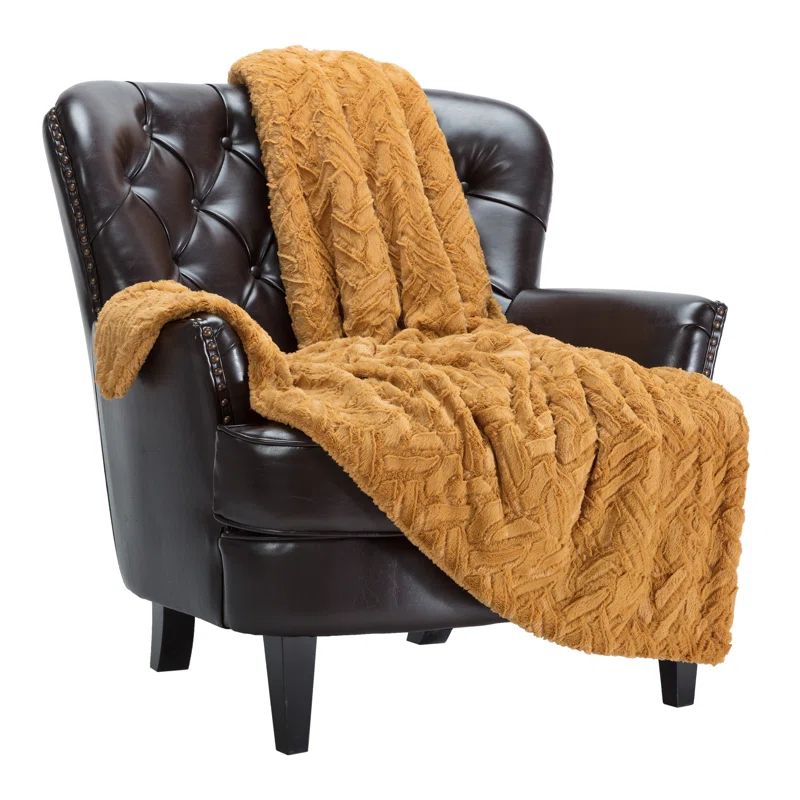 Golden Knitted Faux Fur Throw Blanket with Tassels