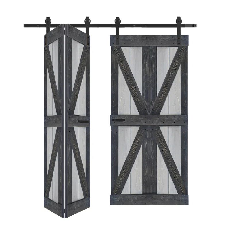 French Gray and Carbon Gray Solid Wood Bi-Fold Barn Door with Hardware Kit