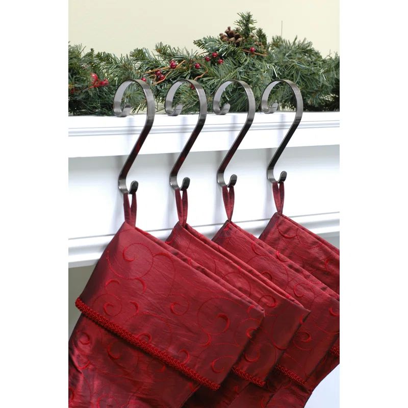 Brushed Nickel Metal Stocking Scrolls Hangers, 4 Pack