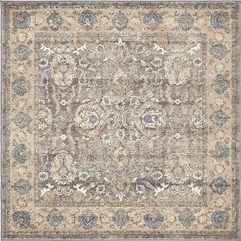 Salzburg Charm Gray Floral Square Synthetic Rug