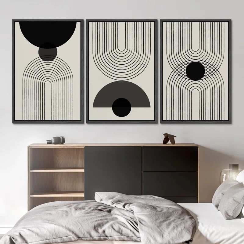 Modern Black and White Abstract Shapes Framed Canvas Print Set