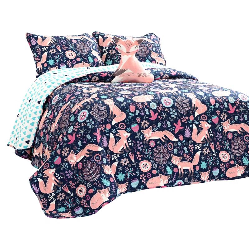 Navy and Pink Reversible Microfiber Twin Quilt Set for Girls