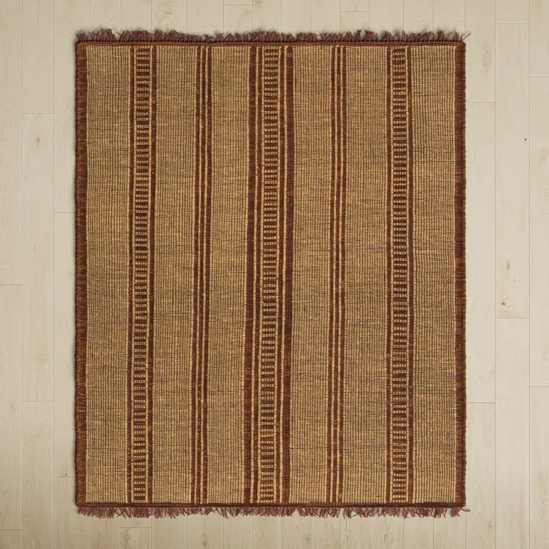 Handmade Brown and Beige Jute Rug with Fringed Edges, 6' x 9'