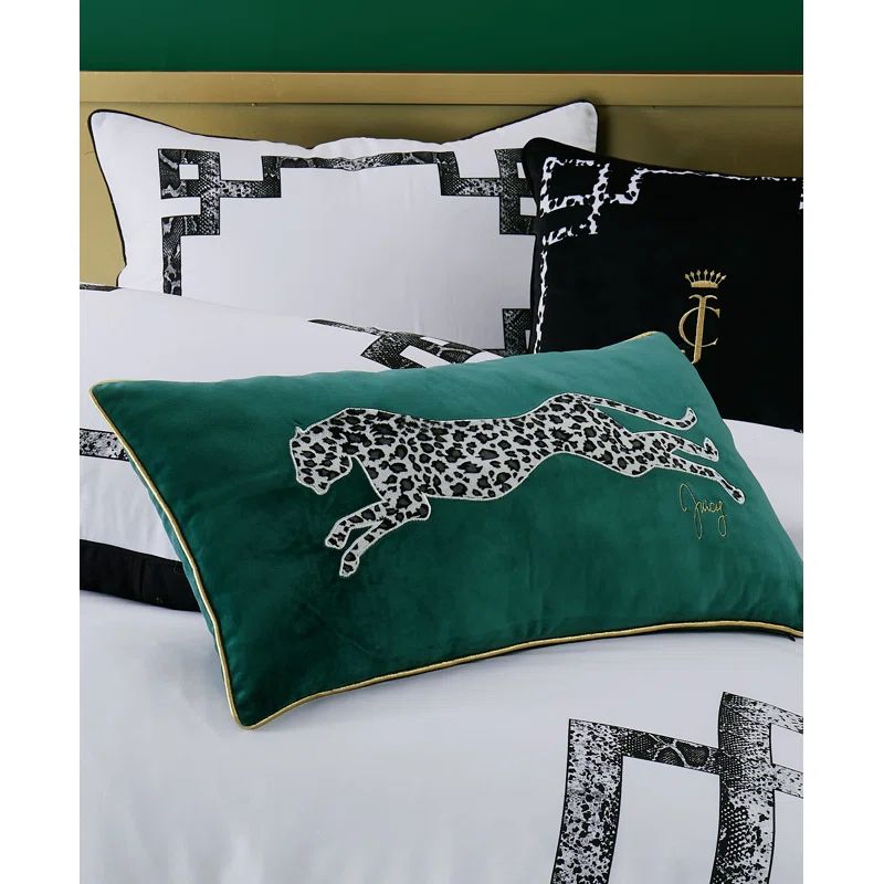 Green Velvet Cheetah Embroidered Rectangular Throw Pillow